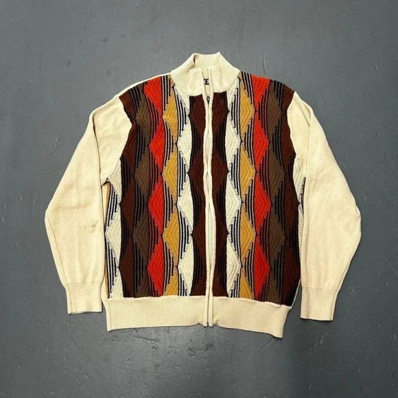 Men's vintage y2k Coogi style earth tone 3d knit full zip up sweater - Picture 1 of 6